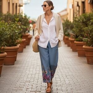 Me & Gee Made in Italy 100% Linen Floral Wide Leg Lagenlook Pants M